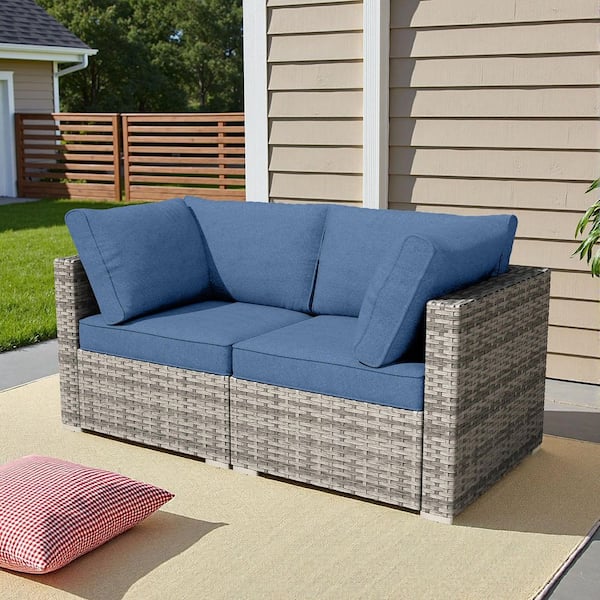 RusticRetreat 2 Pieces Wicker Patio Conversation Seating Sofa Set with Denim Blue Cushions