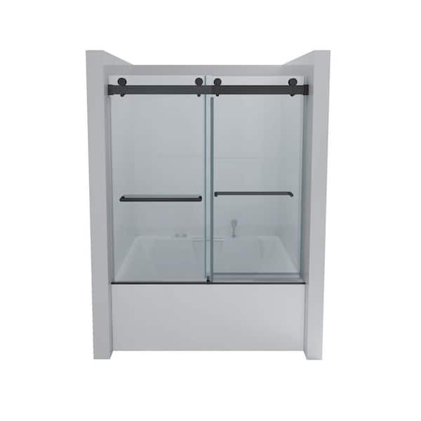 60 in. W x 60 in. H Sliding Frameless Tub Door in Matte Black Finish with Clear Glass