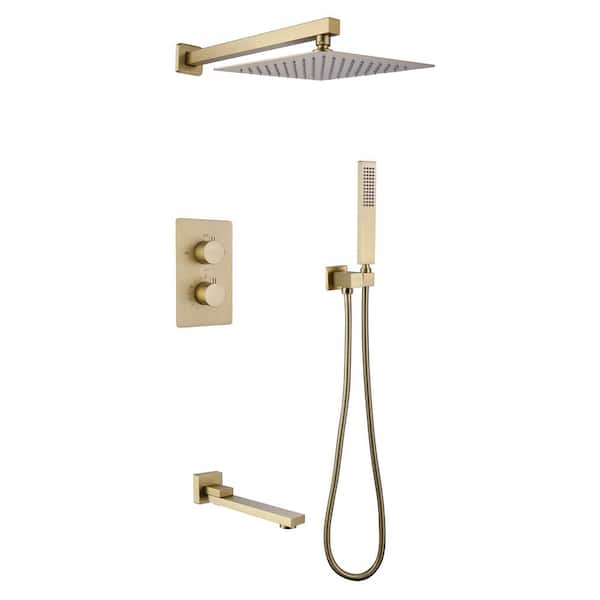 FORCLOVER 2-Handle 1-Spray Wall Mount Tub and Shower Faucet with Hand Shower in Brushed Gold (Valve Included)