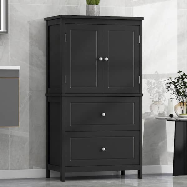 Paula Black Wood 43.3 in. Bathroom Storage Cabinet with 2 Doors, 2 Drawers and Adjustable Shelves