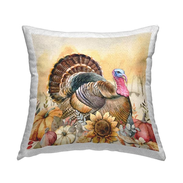 Fall Turkey Floral Harvest Pumpkins Multi-Color Square Outdoor Throw Pillow