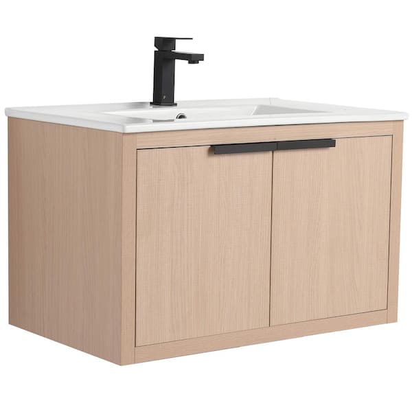 Kingsford 30 in. Single Wall Mounted White Oak Bath Vanity with Doors with White Ceramic Sink Top