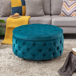 Highland 29.5 in. Teal Wide Tufted Velvet Round Ottoman with Storage