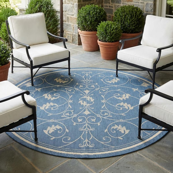 Recife Veranda Ivory-Blue 8 ft. x 8 ft. Flatwoven Floral Round Indoor/Outdoor Area Rug