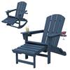 Navy blue Adirondack chair set, front and side view.