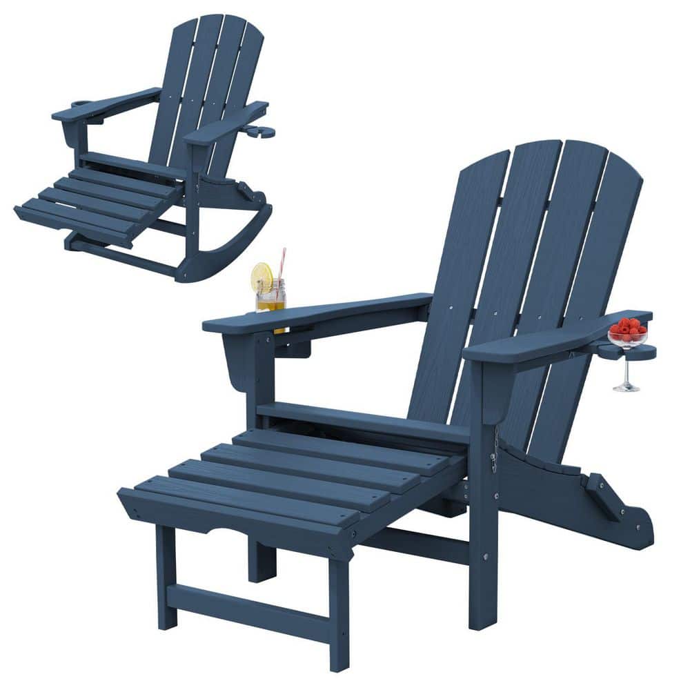 Navy blue Adirondack chair set, front and side view.
