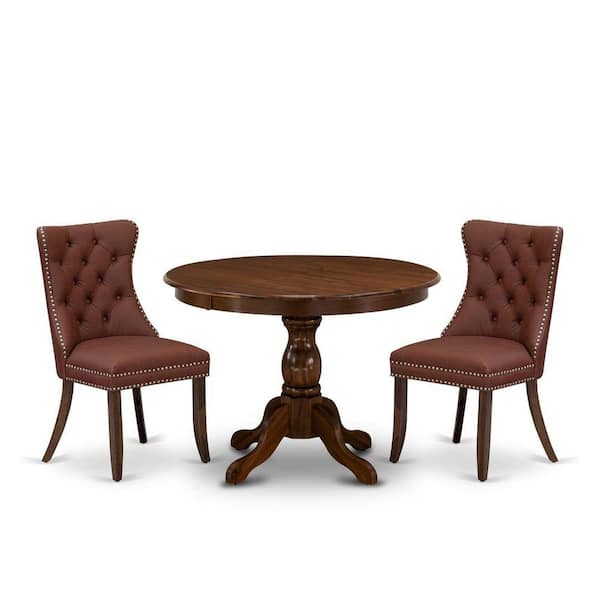 East West Furniture 3-Piece Antique Walnut Finish Solid Wood Top-Round Upholstered Dining Room Set-Seats 4