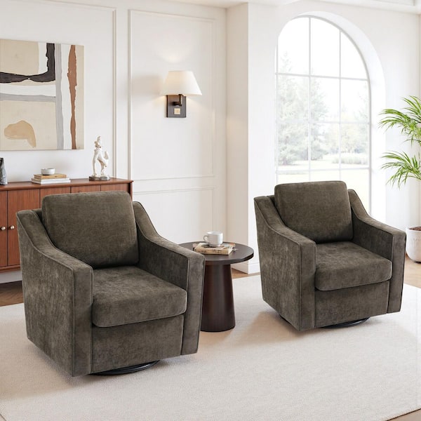 Modern Light Coffee Chenille Upholstered Swivel Accent Barrel Chair with Metal Base (Set of 2)