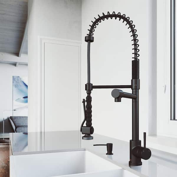 VIGO Zurich Single Handle Pull-Down Sprayer Kitchen Faucet Set with Soap Dispenser in Matte Black