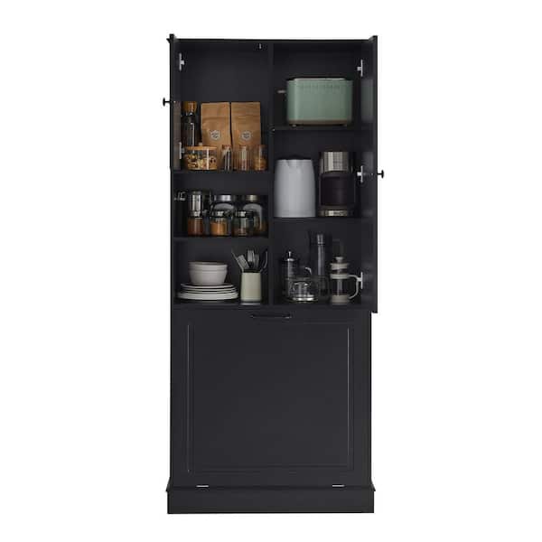 Novaren Modern Bathroom Black 67.7 in. Wood Accent Storage Cabinet with Adjustable Shelves, Large Flip-Out Basket