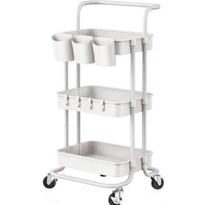 3-Tier Rolling Utility Cart with Hanging Cups And Hooks And Handle in White