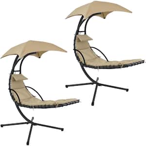 2-Piece Steel Outdoor Floating Chaise Lounge with Canopy Umbrella and Beige Cushions
