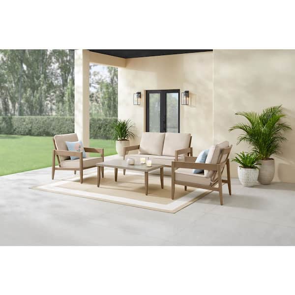 Pine Hollow 4-Piece Metal Patio Conversation Set with CushionGuard Warm Stone Cushions