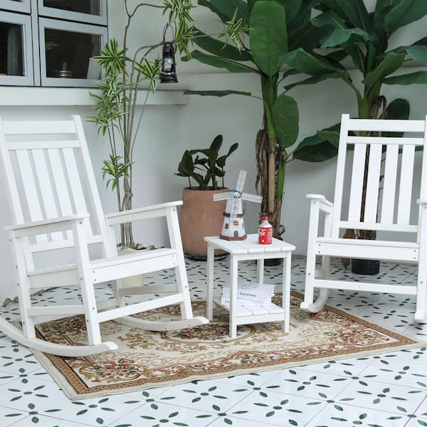 TIRAMISUBEST All Weather Set White Wood Outdoor Rocking Chair (3