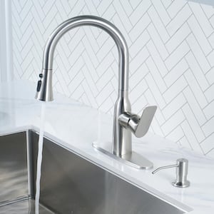 Single Handle Pull Down Sprayer Kitchen Faucet with Soap Dispenser in Vibrant Stainless Steel in Polished Chrome