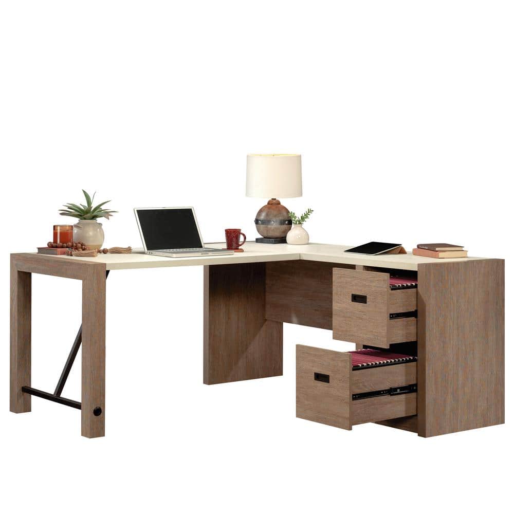 Pebble White and Brushed Oak L-Shaped Desk with Filing Cabinet