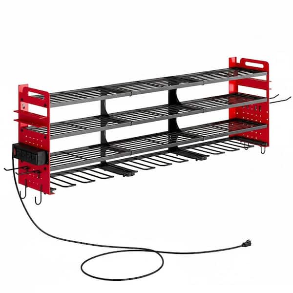 Power Tool Organizer Wall Rack Metal Finish Heavy Duty with Pegboard Side Panels and 4-Outlet Power Strip