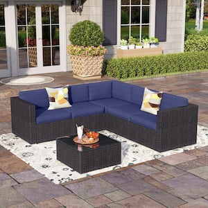Dark Brown Rattan Wicker 5 Seat 6-Piece Steel Outdoor Patio Sectional Set with Blue Cushions and Coffee Table