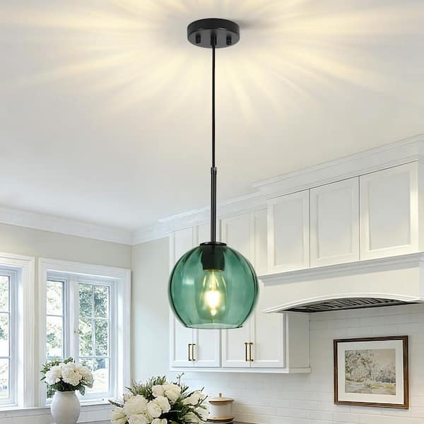 Rayhome 7.87 in. 1-Light Modern Dark Green Pendant Hanging Light with Globe Ribbed Glass for Kitchen Island Dining Room