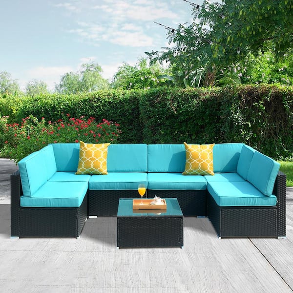 Boyel Living 7 Piece Black Rattan Outdoor Patio Sofa Wicker Conversational Set With Blue Cushions Tx237s The Home Depot