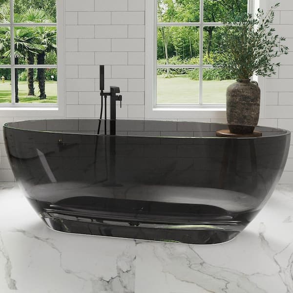 63 in. x 28.22 in. Stone Resin Solid Surface Freestanding Flatbottom Soaking Bathtub in Transparent Gray