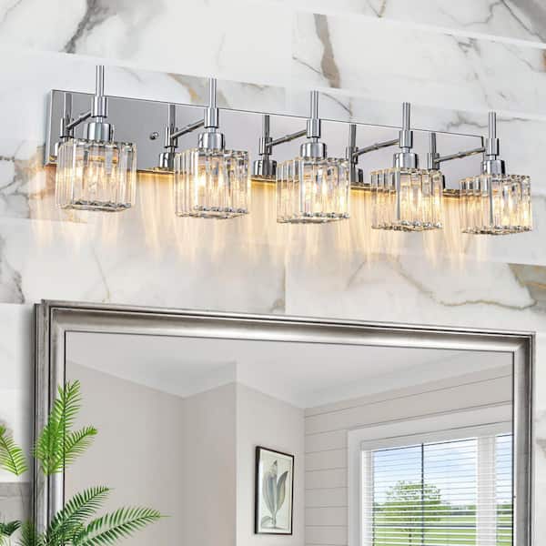 Orillia 33.1 in. 5-Light Chrome Crystal Bathroom Vanity Light with Shades for Bathroom Powder Room Kitchen