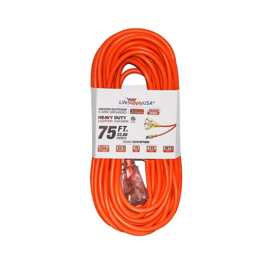 LifeSupplyUSA 75 ft. 12/3 3-Outlet 15AMP 125-Volt 1875-Watt SJTW Orange  Indoor/Outdoor Heavy-Duty with Lighted End Extension Cord 123375FTORU The  Home Depot