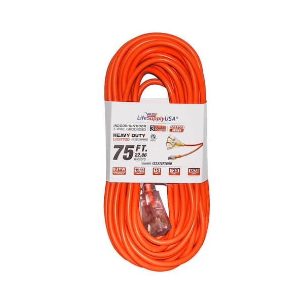 LifeSupplyUSA 75 ft. 12/3 3-Outlet 15AMP 125-Volt 1875-Watt SJTW Orange Indoor/Outdoor Heavy-Duty with Lighted End Extension Cord
