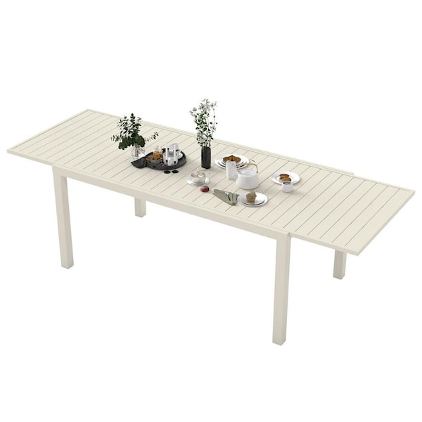 White Rectangular Aluminum Standard Height Outdoor Dining Table with Extension and Umbrella Hole