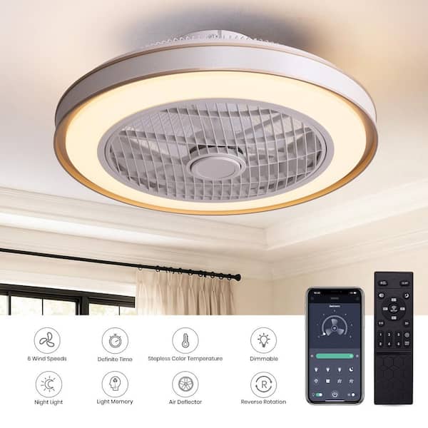 20 in. Indoor Modern White Flush Mount Caged Ceiling Fan with LED Light and Remote APP Control Included