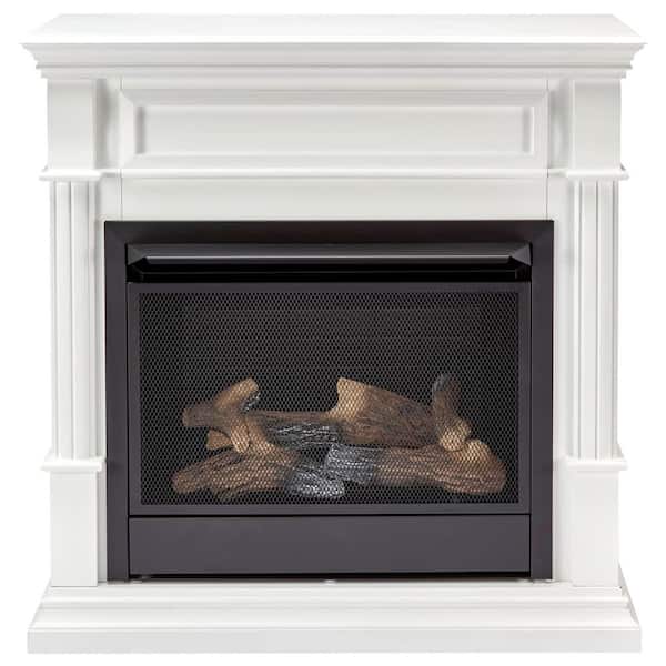 26,000 BTU Vent Free Propane Gas Fireplace System and White Mantel With Thermostat