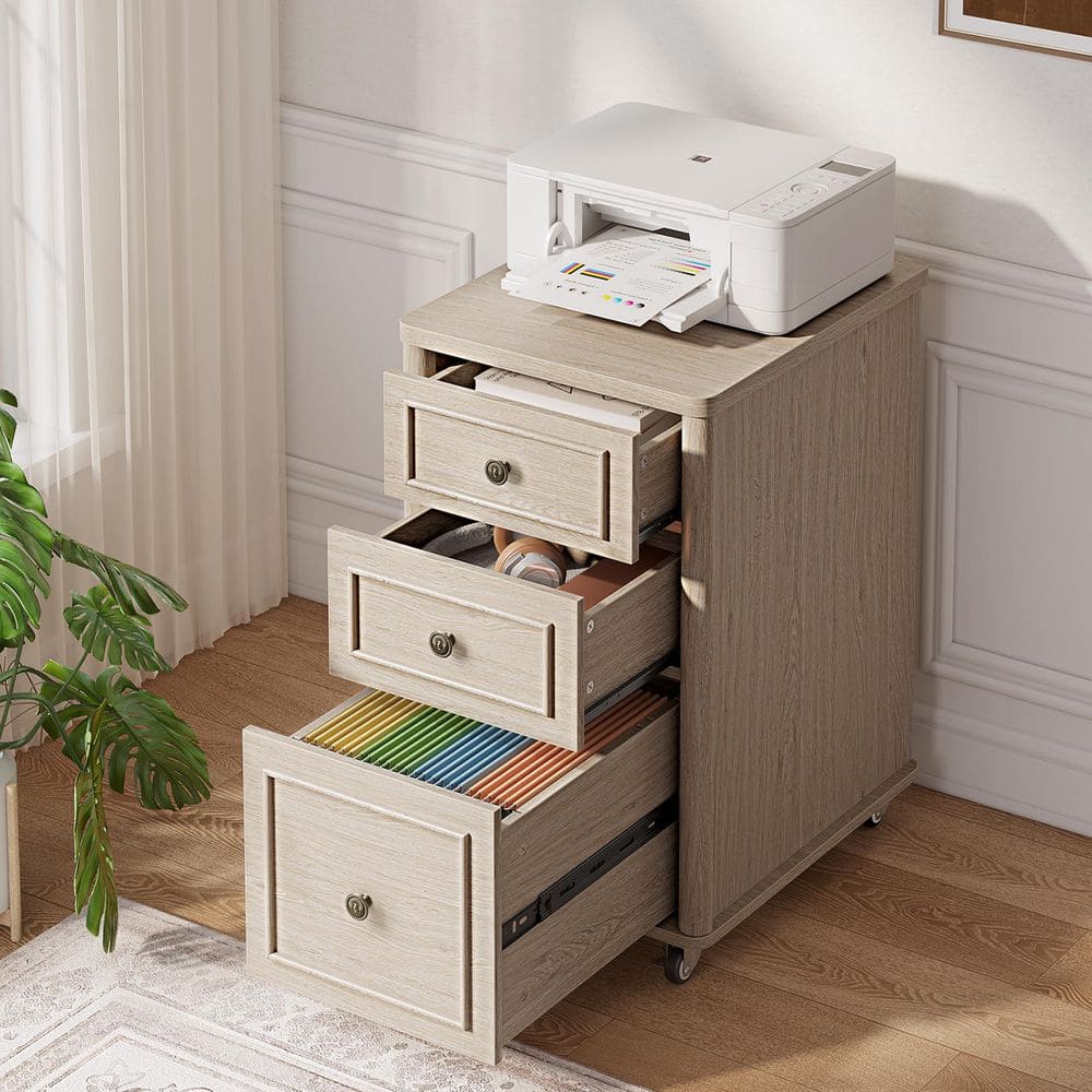 3-Drawer Natural Oak Wood 17.7 in. W Rolling Vertical File Cabinet with Printer Stand for Letter A4 Legal Files