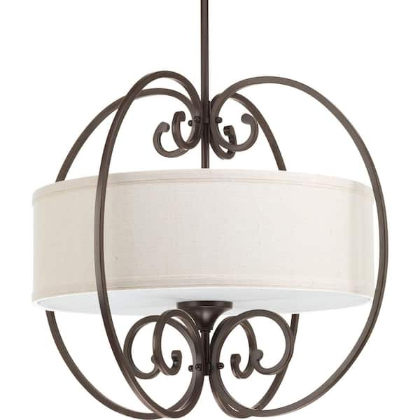 Progress Lighting Overbrook Collection 3-Light Antique Bronze Small Pendant with Natural Linen Shade