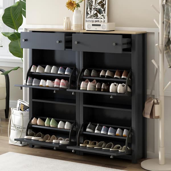 Harper & Bright Designs 47.2 in. H x 47.2 in. W Black Wood Shoe Storage  Cabinet with 4 Flip Drawers, Adjustable Shoe Racks, Grain Pattern Top  LXY038AAB - The Home Depot