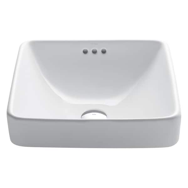 KRAUS Elavo Series Square Ceramic Semi-Recessed Bathroom Sink in White with Overflow
