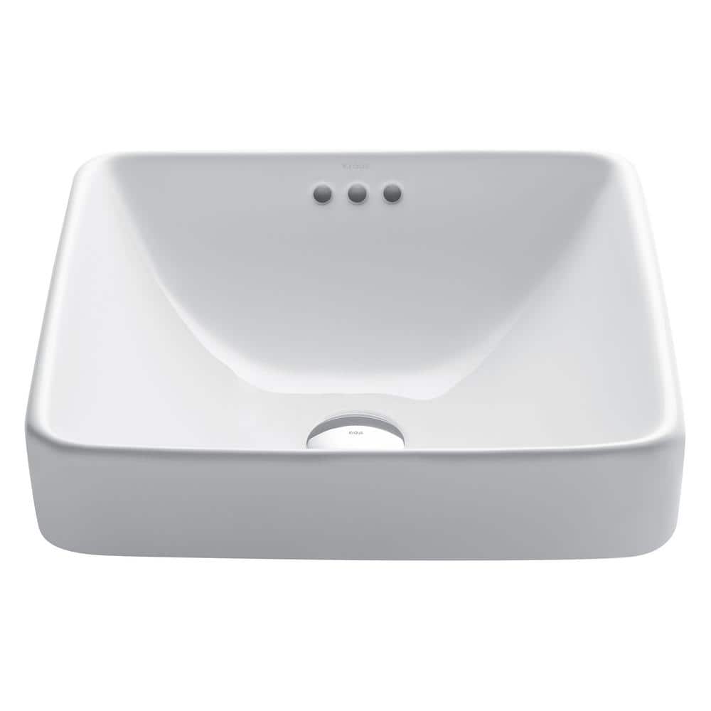 Elavo White Ceramic Square Semi-Recessed Bathroom Sink with Overflow