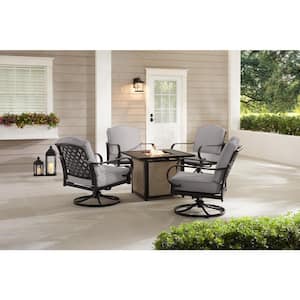 Laurel Oaks 5-Piece Black Steel Outdoor Patio Fire Pit Seating Set with CushionGuard Stone Gray Cushions