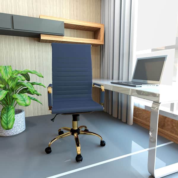 Leisuremod Harris High-Back Leather Office Chair Gold Frame Adjustable Height, Swivel, Tilt Conference Chair in Navy Blue