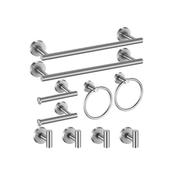 10-Piece Bathroom Hardware Set with Towel Bars Hooks Rings Toilet Paper Holders in Stainless Steel Finish