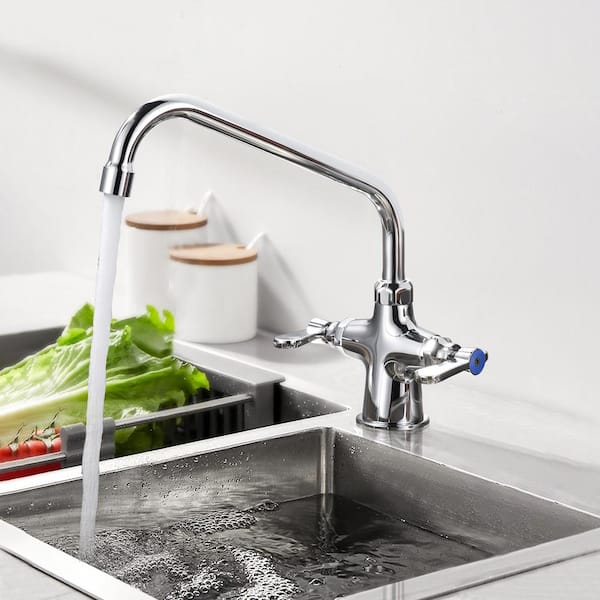 Double Handle Deck Mount Commercial Standard Kitchen Faucet with 10 in. Swivel Spout and Supply Lines in Polished Chrome