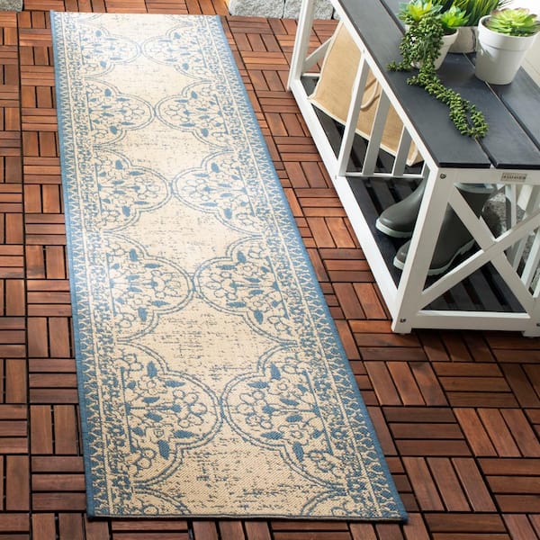 Beach House Blue/Cream 2 ft. x 8 ft. Floral Indoor/Outdoor Patio  Runner Rug