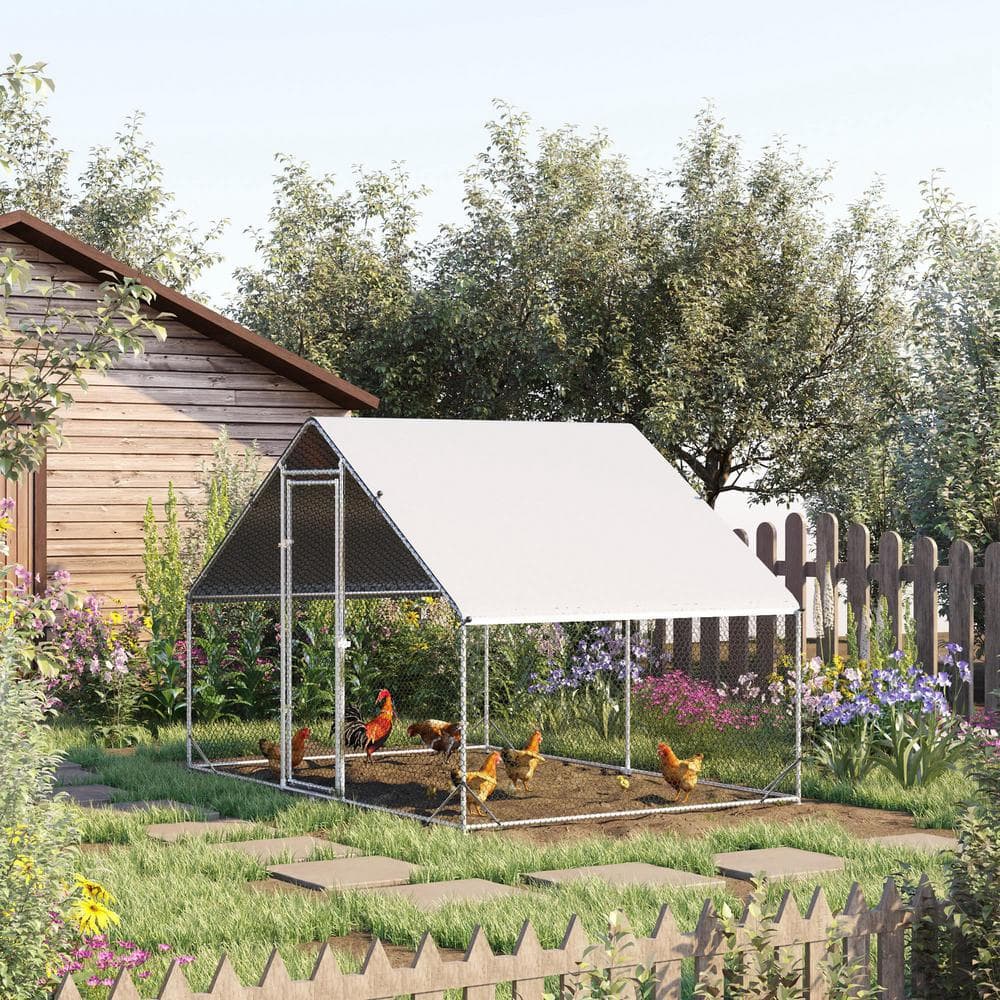 Large Silver Metal Chicken Coop with Roof Cover