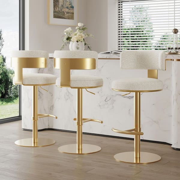 Spruce & Spring Zane Pearl Fabric Gas Lift Adjustable Swivel Barstool with Backrest for Kitchen or Home Bar (Set of 3)