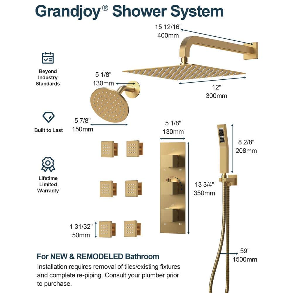 Brushed Gold Wall Mounted Dual Shower System with Body Jets