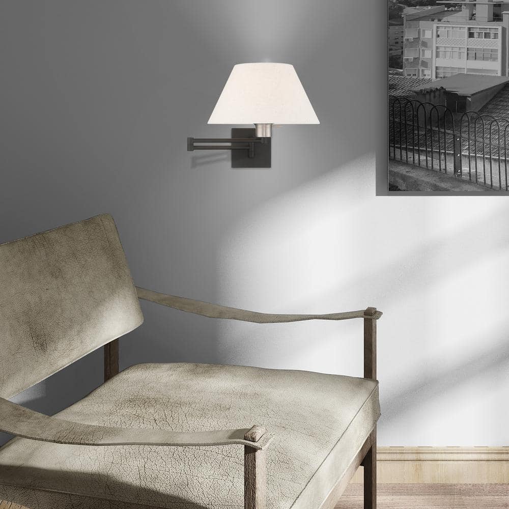 Classic Black Swing Arm Wall Lamp with Oatmeal Fabric Shade