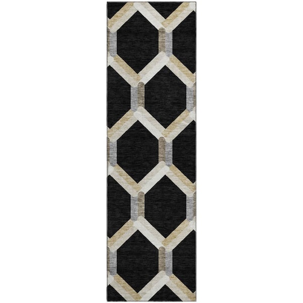 Mayfield Premium Machine Washable Abstract AMF2343 Black 2 ft. x 7 ft. Runner Rug