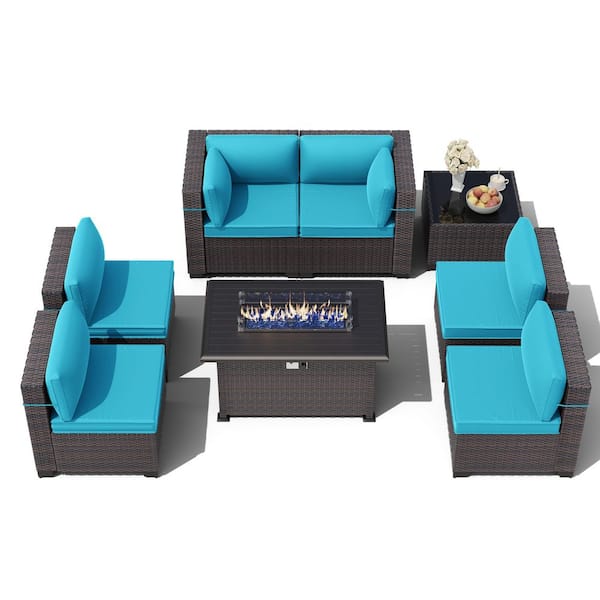 8-Piece Brown Wicker Patio Conversation Set with Fire Pit Table, High Backrest, Coffee Table and Turquoise Cushions