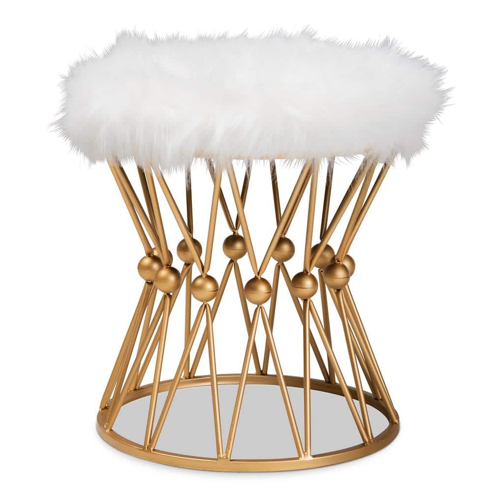 Baxton Studio Leonie Faux Fur Upholstered Gold Finish Metal Ottoman in White