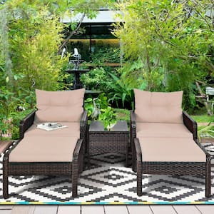 5-Piece Wicker Patio Conversation Set with Beige Cushions and Ottomans