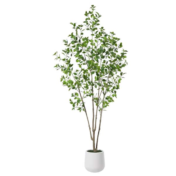 DR.Planzen 7 ft. Faux Ficus Tree with Round White Planter, Pre Potted Faux Greenery Ficus Plant for Home Decor